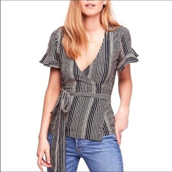 Free People Wrapped Around My Finger Striped Bow Tie Waist Wrap Top Size Small - Picture 1 of 7